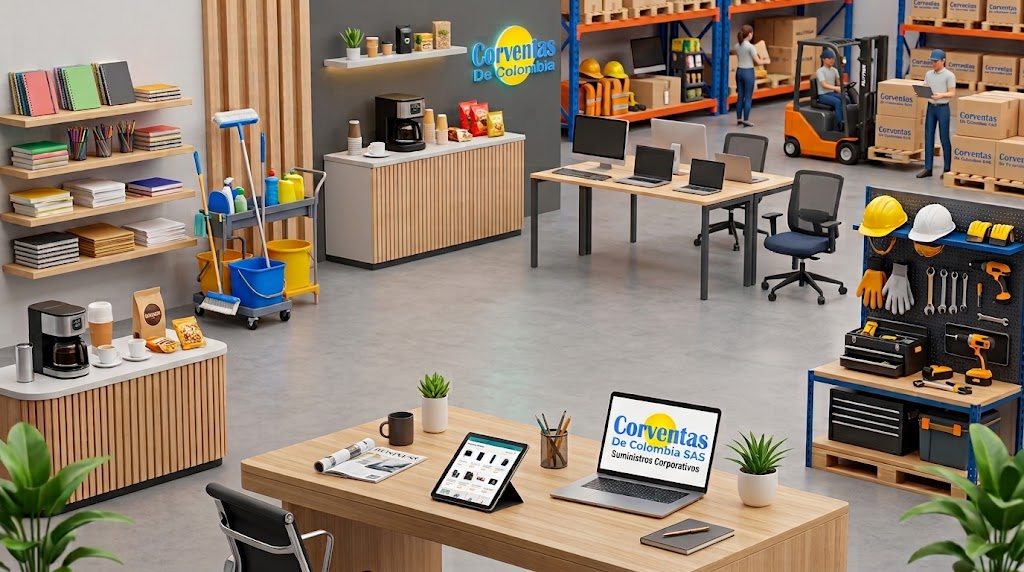 Oficina y bodega de Corventas de Colombia: papelería, aseo, cafetería, tecnología, dotación y ferretería